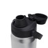 A drink bottle with a stainless steel body and black lid, featuring a spout and a secure cap.