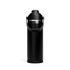 A drink bottle in black with a silver band and a handle, featuring a secure lid and a logo.