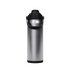 A drink bottle in stainless steel with a black lid and handle, featuring a streamlined design and a logo.
