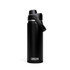A drink bottle in sleek matte black with a carry handle and a spout lid, featuring a logo.