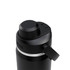 A drink bottle in black with a silver band and a screw-top lid features a flip-top spout and a logo.