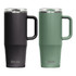 A drink bottle set featuring a black and a green mug with a handle. Each has a lid and branding visible.