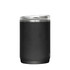 A drink bottle featuring a black stainless steel body and a clear lid, with a silver rim detail.