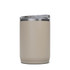 A drink bottle in a light brown hue, featuring a transparent lid and a sleek design, with a logo on the side.