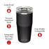 A drink bottle with a vacuum-insulated, black body; features a clear lid and includes a branding logo.