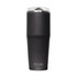 A drink bottle in matte black with a stainless steel lid and a logo on the front.