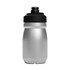 A drink bottle in silver stainless steel with a black lid, featuring a logo on its surface.