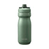A drink bottle in a muted green colour, featuring a textured body and a screw-on cap, along with a logo.