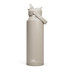 A drink bottle in a light beige colour with a flip straw and a side handle, featuring a logo.