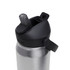 A drink bottle featuring a stainless steel body and a black flip straw lid, with a logo on the side.