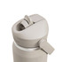 A drink bottle with a flip straw, featuring a muted beige colour and a logo on the side.