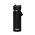 A drink bottle in matte black with a flip straw and carrying handle, featuring a logo.