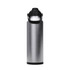 A drink bottle with a sleek silver exterior and black lid, featuring a built-in handle and a logo.