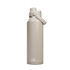 A drink bottle in a muted beige colour with a secure flip-top lid and a brand logo on the side.