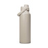 A drink bottle in a light beige colour with a flip-top lid and a side handle, featuring a logo.