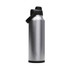 A drink bottle in silver stainless steel with a black lid and handle, featuring a logo on the side.
