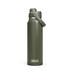 A drink bottle in matte olive green with a flip-top lid and a side handle. It features a brand logo.