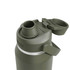 A drink bottle in olive green with a screw-on lid and a flip top cap, featuring a logo on the side.