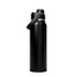 A drink bottle in black, featuring a wide mouth and a carry handle, with a logo on the side.