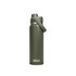 A drink bottle in an olive green shade with a flip-top lid and a logo.
