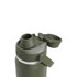 A drink bottle in olive green with a wide mouth and a flip-top lid, featuring a logo.