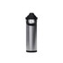 A drink bottle in a sleek silver and black design, featuring a secure lid and a carry handle.