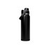 A drink bottle in matte black with a silver band and a carry handle, featuring a logo.
