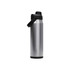 A drink bottle made of stainless steel, featuring a black lid and handle, with a sleek, metallic finish.