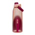 A drink bottle in gradient shades of pink with a flip-top lid and a carrying handle. It features a logo.