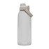 A drink bottle with a clear body and beige lid, featuring a built-in handle and a logo.