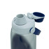 A drink bottle in grey and navy with a chug-style spout and a secure lid, featuring a branding logo.