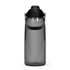 A drink bottle in transparent grey with a black lid and handle, featuring a logo on the side.