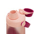 A drink bottle in light pink with a maroon lid and a spout, featuring a handle and a logo.