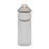 A drink bottle in clear plastic with a beige cap and handle, featuring a logo on the body.