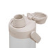 A drink bottle with a beige lid and a clear body, featuring a spout and a removable cap. It has a logo.
