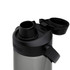 A drink bottle with a grey body and black cap featuring a spout and a logo on the side.