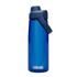 A drink bottle in blue with a flip-top lid and a built-in handle. It features a logo on the front.