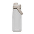 A drink bottle with a clear body and a cream-coloured lid, featuring a functional handle and a logo.