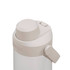 A drink bottle in a light beige colour with a screw lid and a side handle. It features a logo.