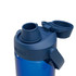 A drink bottle in blue with a wide mouth opening and a cap, featuring a logo on the side.