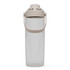 A drink bottle in clear plastic with a beige lid and handle, featuring a logo on the side.