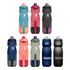 A drink bottle assortment featuring various colours, including blue, pink, grey, and black, with different designs and a logo.