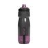 A drink bottle in grey and purple with a black cap and a logo on the side.