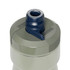 A drink bottle with a grey body and a navy-coloured spout, featuring branding.