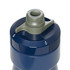 A drink bottle with a dark blue body and a grey cap, featuring a built-in spout and a logo.
