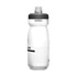 A drink bottle featuring a clear body with a grey lid and a perforated design. It includes a logo.