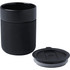 A black ceramic tumbler with a silicone wrap and a removable lid. It has a smooth finish and a modern design.