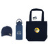 A navy blue tote bag, water bottle, and cap featuring a logo and a tropical design.