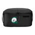 A black toiletry bag with a removable pouch and a logo on the side, featuring leafy designs.