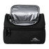 A black lunch bag with a zippered closure, featuring a silver insulated interior and a small logo.